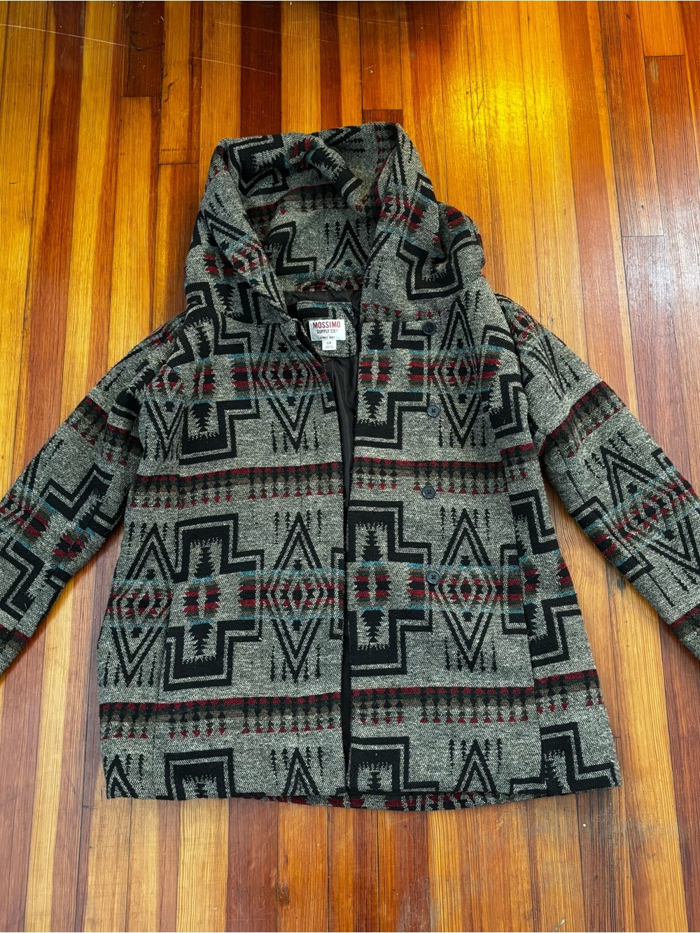 Mossimo Supply Co. Gray & Black Aztec Hooded Pea Coat with Red Highlights